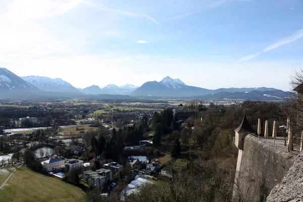 Salisburgo Austria Marzo 2018 Vista Della Città Invernale Dalla Fortezza — Foto Stock