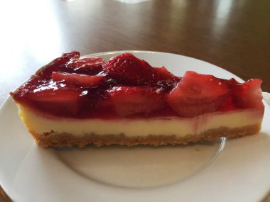 Beyaz tabakta çilekli cheesecake dilimi.