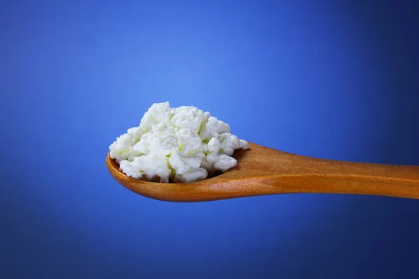 Curd in a wooden spoon — Stock Photo, Image