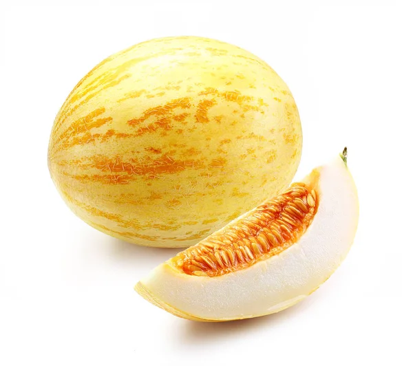 Melon jaune sucré avec tranche de fond blanc isolé — Photo