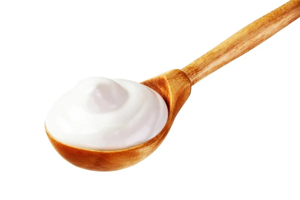 Smetana Kyselá Dřevěných Spooncream Kyselá Bílém Pozadí Deska Izolovaná — Stock fotografie