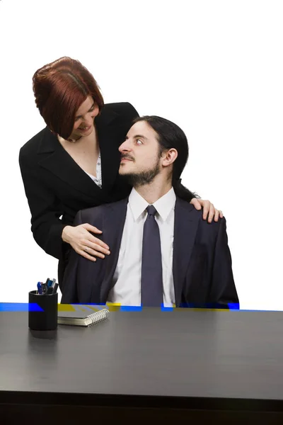 Zakelijk Paar Happy Woman Seated Man Aan Zijn Werktafel Terwijl — Stockfoto