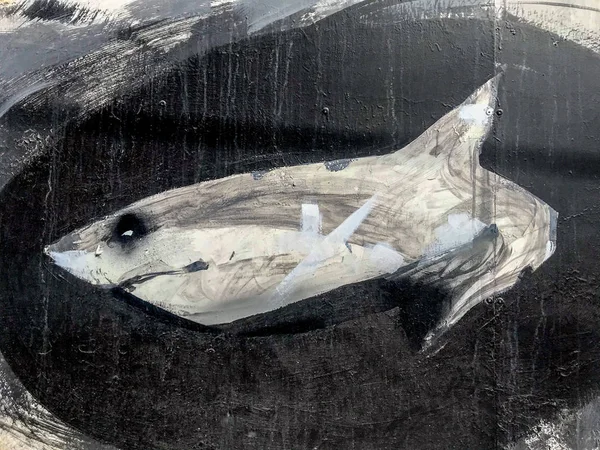 大白鲨准备攻击黑色涂鸦壁画艺术上的绘画 — 图库照片