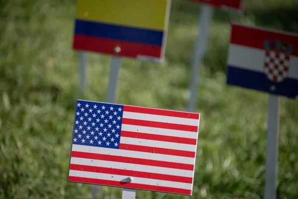 Usa flag plaque on grass field — Stock Photo, Image