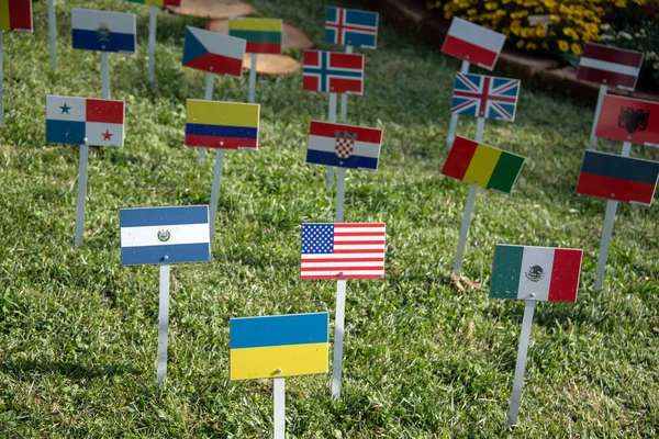 Usa and united nations many flags on grass — Stock Photo, Image