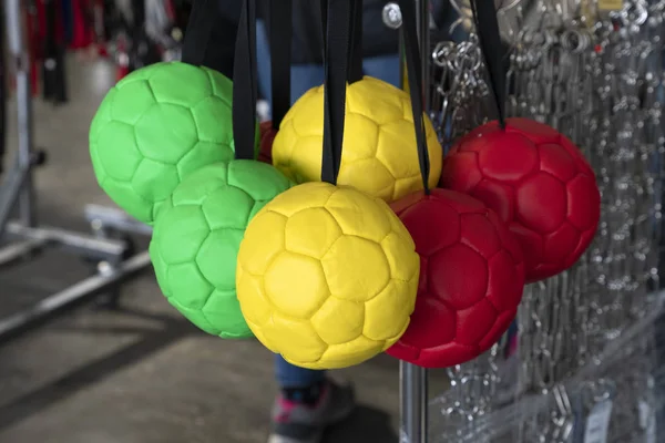 Πολλά χρώματα μπάλες ποδοσφαίρου σκυλάκι παιχνίδι — Φωτογραφία Αρχείου
