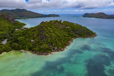 Praslin Adası Seyşeller Cenneti Sahil Hava Aracı Panorama manzarası Anse Volbert