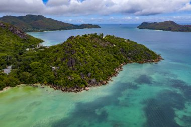 praslin island seychelles paradise beach aerial drone panorama landscape anse volbert clipart