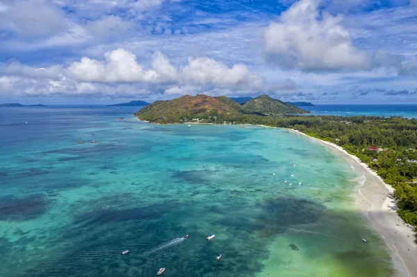Praslin island seychelles paradise beach aerial drone panorama landscape anse volbert — ストック写真