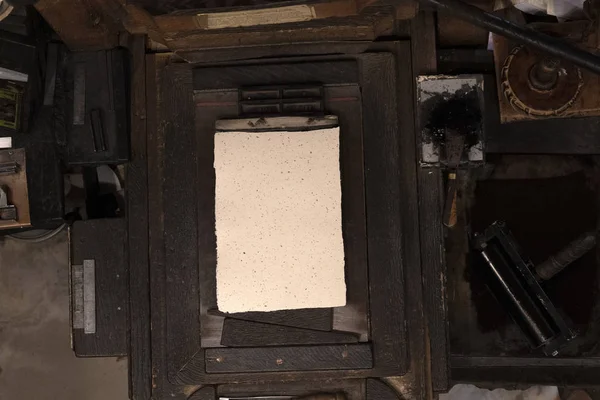 Old ancient print machine hand press — 스톡 사진