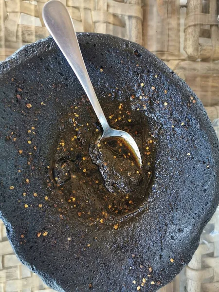 Kraftvolle Rote Würzige Natürliche Chili Mexikanische Schwarze Sauce — Stockfoto