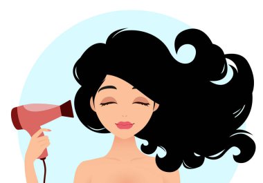 Güzel kadın saç kurutma makinesi ile saç kurutma. Vektör çizim