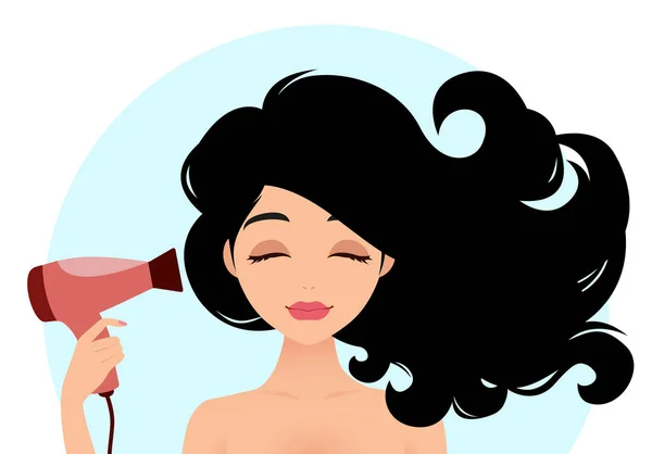 Krásná žena, sušení vlasy s vysoušečem vlasů. Vektorové ilustrace — Stockový vektor