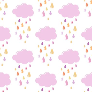 Pembe bulutlar damla ile. Beyaz arka plan üzerinde sorunsuz vektör şekli