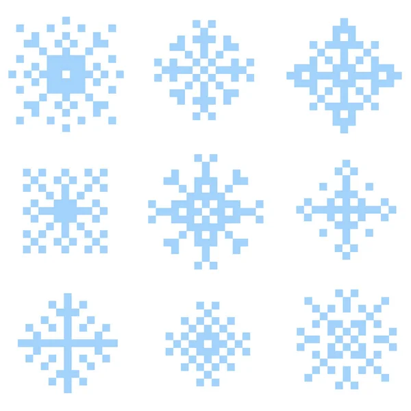 Pixel snowflakes. Vector set isolated on white background — Stock Vector