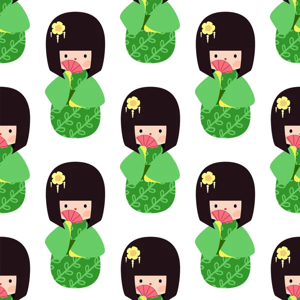 Ιαπωνικά κορίτσι στο πράσινο φόρεμα. Απρόσκοπτη διάνυσμα μοτίβο — Διανυσματικό Αρχείο