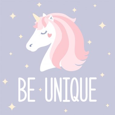 Benzersiz olması. Sevimli çizgi tek boynuzlu at ile vektör çizim