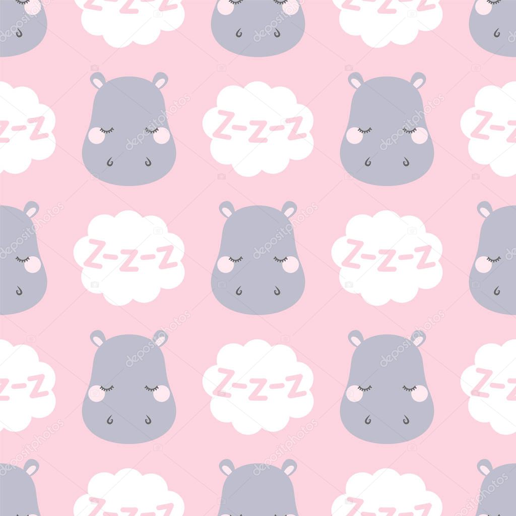 Cute sleepy hippo. Seamless vector pattern in flat style