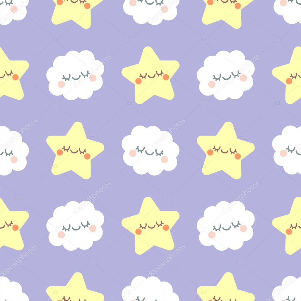 Cute cloud and star with closed eyes. Seamless vector pattern