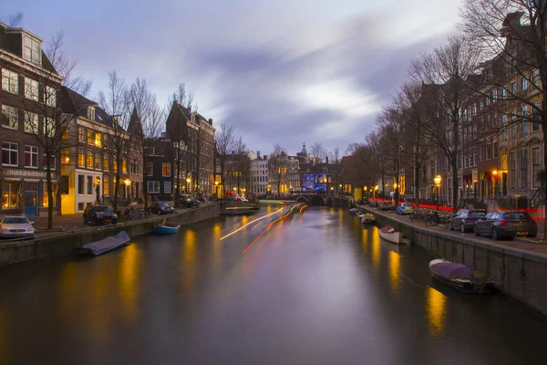 View Romantic Canal Keizergracht Amsterdam Night City Light Reflection Water — Stockfoto