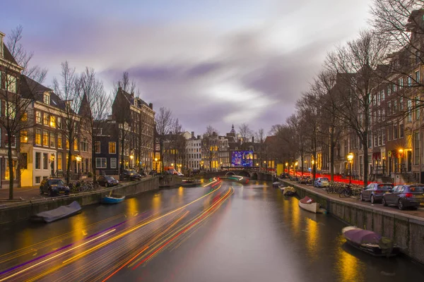 View Romantic Canal Keizergracht Amsterdam Night City Light Reflection Water — Stockfoto