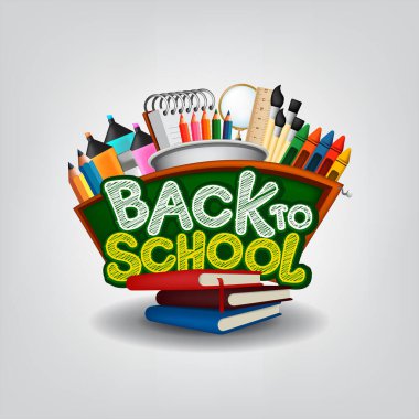 Birçok Okul Malzemeleri Vektörü ile birlikte okula dönüyoruz. Görüntü