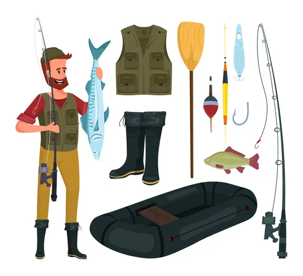 Fishing set cartoon vector illustration. — Stock Vector