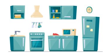 Mutfak mobilyası çizgi film seti.