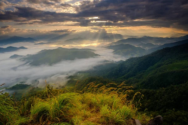 Topo da vista da montanha pela manhã em Lerkwador — Fotografia de Stock