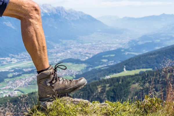 Close Leather Hiking Shoe Calf Muscles Man Sunny Day Ziller Royalty Free Stock Images