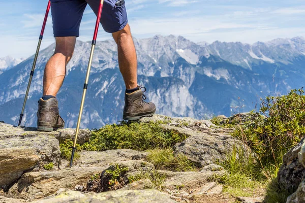 Close Muscular Veiny Male Legs Trekking Sticks Nordic Walking Background Royalty Free Stock Photos
