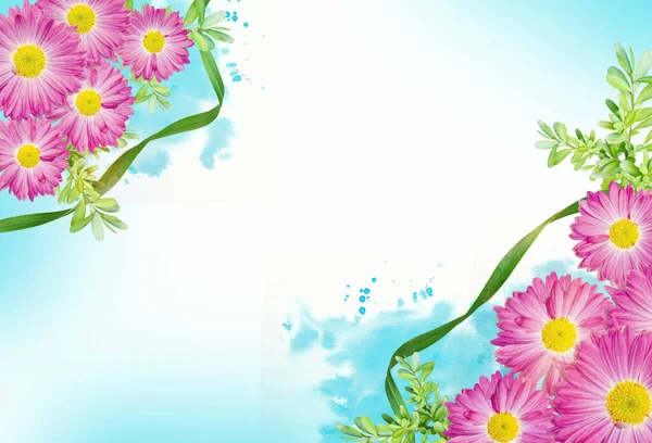 Fundo Bonito Para Cartão Saudação Com Flores Gerbera Rosa Aquarela — Fotografia de Stock