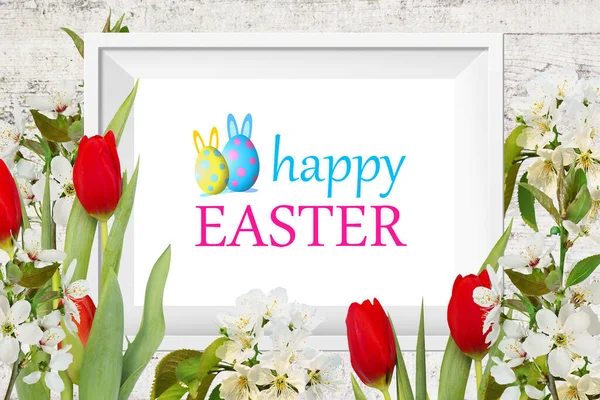 White Frame Beautiful Floral Background Happy Easter Greeting Card Red — Stock Photo, Image