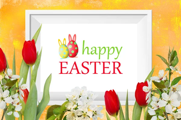 White Frame Floral Background Eggs Beautiful Happy Easter Greeting Card — Stock Photo, Image