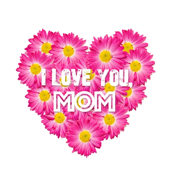 Love You Mom Greeting Card Heart Gerbera Pink Flowers White — Stock Photo, Image