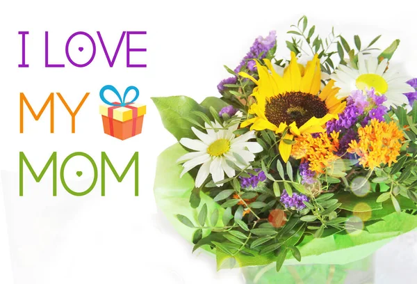 Aime Mère Carte Vœux Avec Fond Blanc Belles Fleurs — Photo