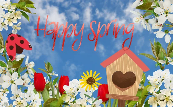 Šťastný Jarní Plakát Krásnými Slavnostními Květinami Červené Tulipány Bílá Třešeň — Stock fotografie