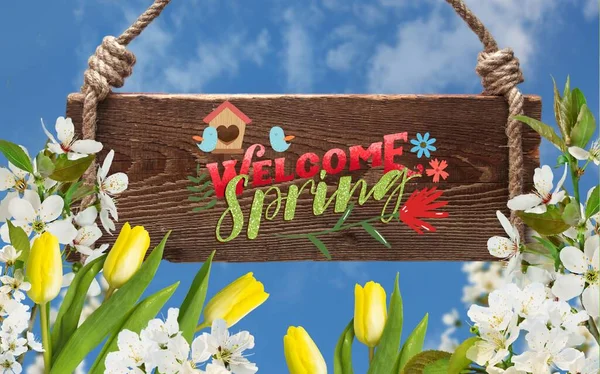 Welcome Spring Poster Beautiful Festive Flowers Red Tulips White Cherry — Stock Photo, Image