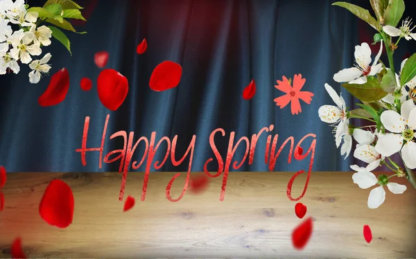 Happy Spring Poster Mit Schönen Festlichen Roten Blumen Und Weißer — Stockfoto