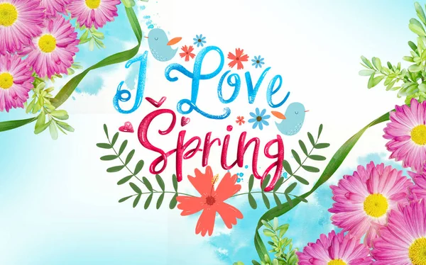 Love Spring Poster Beautiful Festive Pink Gerbera Flowers Lettering — Stock Photo, Image