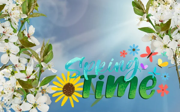 Spring Time Lettering White Cherry Blossom Blue Sky Background Sunlight — Stock Photo, Image