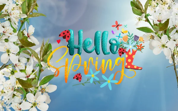 Hello Spring Time Lettering White Cherry Blossom Blue Sky Background — Stock Photo, Image