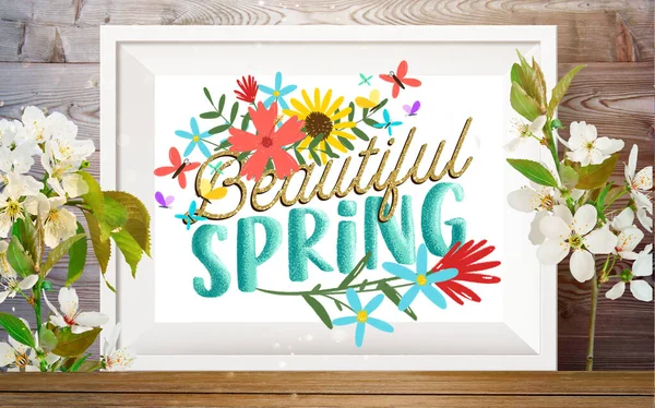 Krásná Jarní Karta Bílým Rámem Třešňovými Květy Dřevěné Pozadí — Stock fotografie