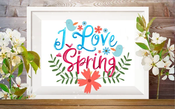 Miluju Jarní Přání Bílým Rámem Třešňovými Květy Dřevěné Pozadí — Stock fotografie