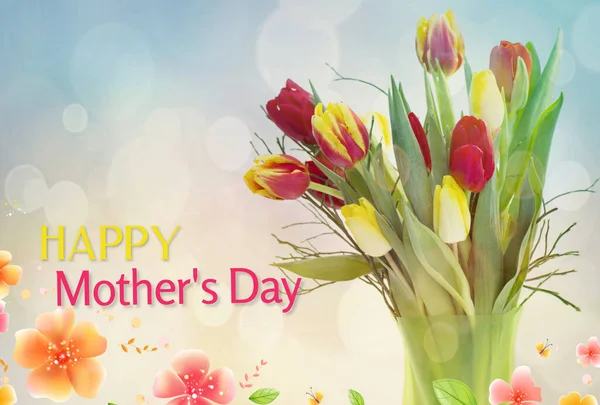 Glückwunschkarte Zum Muttertag Mit Schönen Tulpenblumen Blumenstrauß Auf Farbigem Hintergrund — Stockfoto