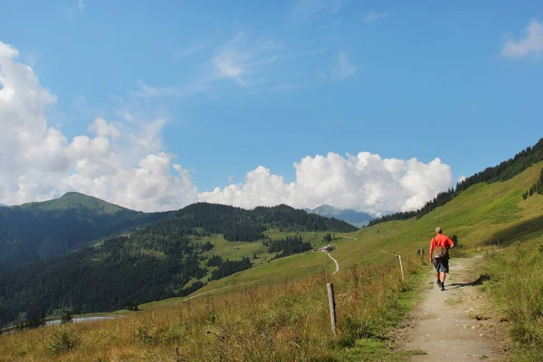 Paisaje Típico Austria Fondo Verano Fondo Con Campos Montañas Cielos —  Fotos de Stock