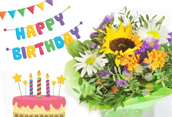 Happy birthday greeting card with beautiful bouquet. Element for congratulations