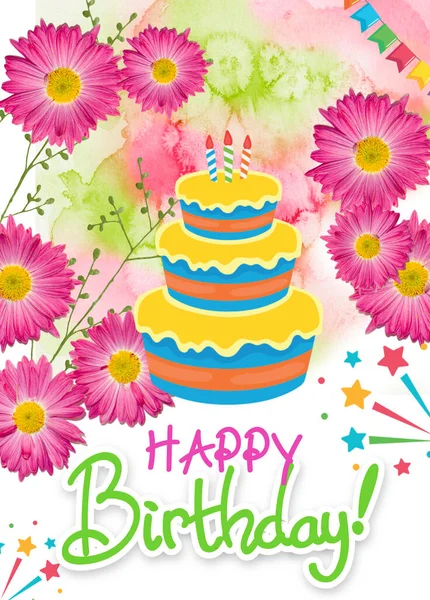 Happy Birthday Background Blue Pink Gerbera Flowers White Romomile Cake — стоковое фото