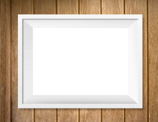 White frame on wooden wall background, mockup