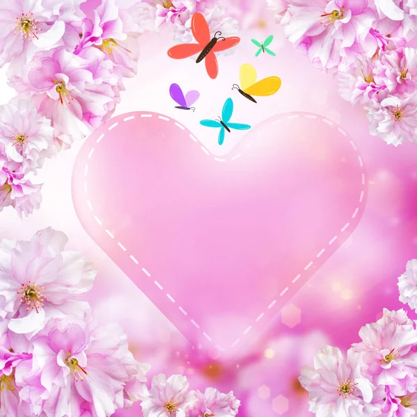 Fundo Bonito Para Cartão Saudação Com Flores Cereja Rosa Letras — Fotografia de Stock